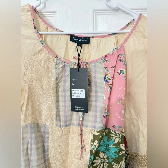 Young Threads Mixed Print Patchwork Boho Floral Tunic Top Latte Size Large NWT - Picture 7 of 9